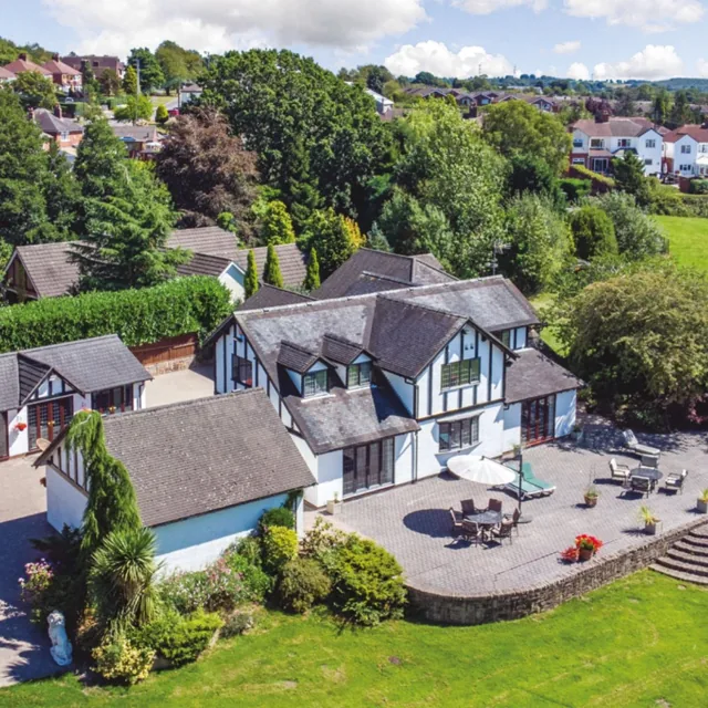 Aerial view of Little Ash Farm house, patio and garden